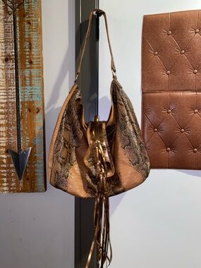 Vintage IMAN Tan Snake-Print Hobo Bag with Fringe
